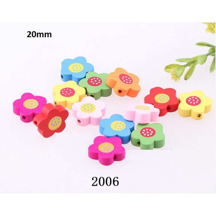 10 hạt hoa gỗ nhiều kiểu để chọn làm đồ chơi, trang sức, trang trí DIY -mã 2001-2007