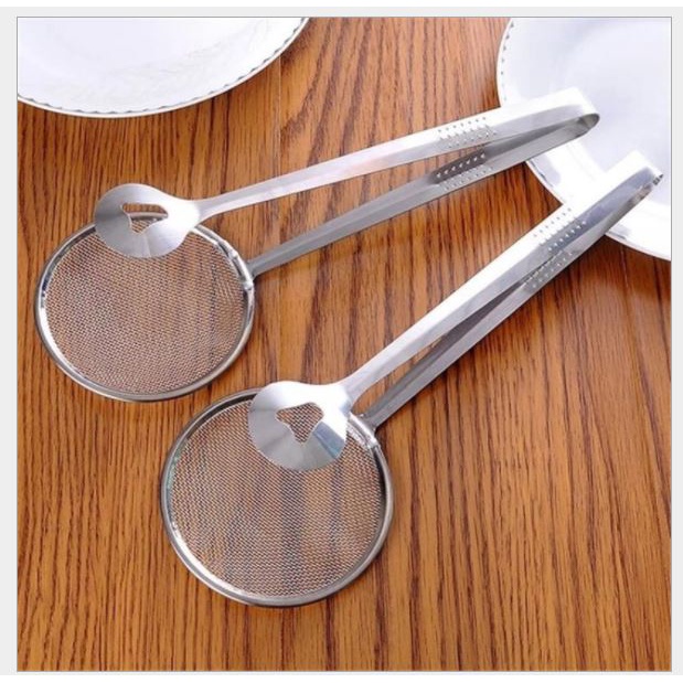 Vợt kẹp vớt đồ chiên ráo dầu kèm rây lưới vớt bọt, lọc dầu, lọc nước làm bằng thép, muôi gắp p191-60