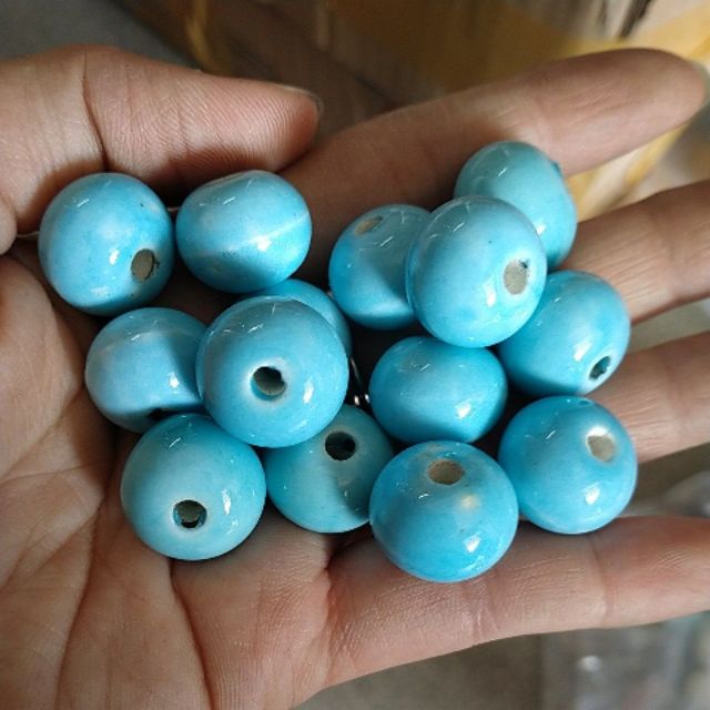 5viên đá gốm sứ cầu dẹp xanh da trời 15mm