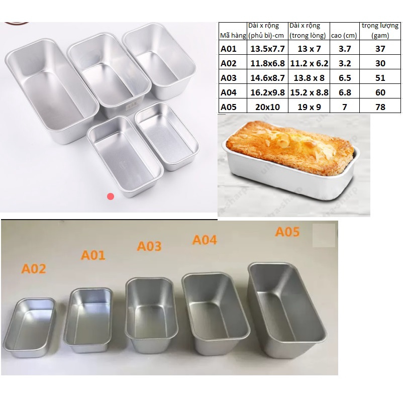 Khuôn bánh chữ nhật A01, A02,A03,A04,A05, khuôn bánh nướng bánh mì, bông lan bơ, bánh gato ,chesse cake, đổ rau câu