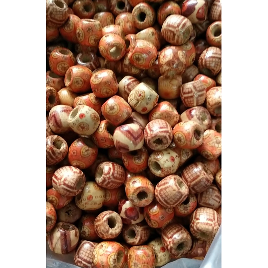 (p118-15) gói 10 -50 hạt gỗ in hoa văn 12mm lỗ lớn 6.8mm