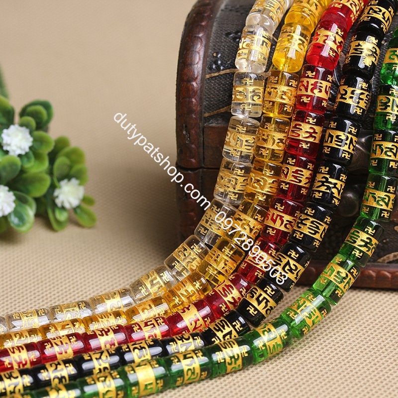 (Giá sĩ) 25-100viên (1dây) lu thống 8x12mm, 10x14mm, 12x16mm, đá tròn 6-8-10 in chú đại bi nhiều màu làm vòng phong thủy