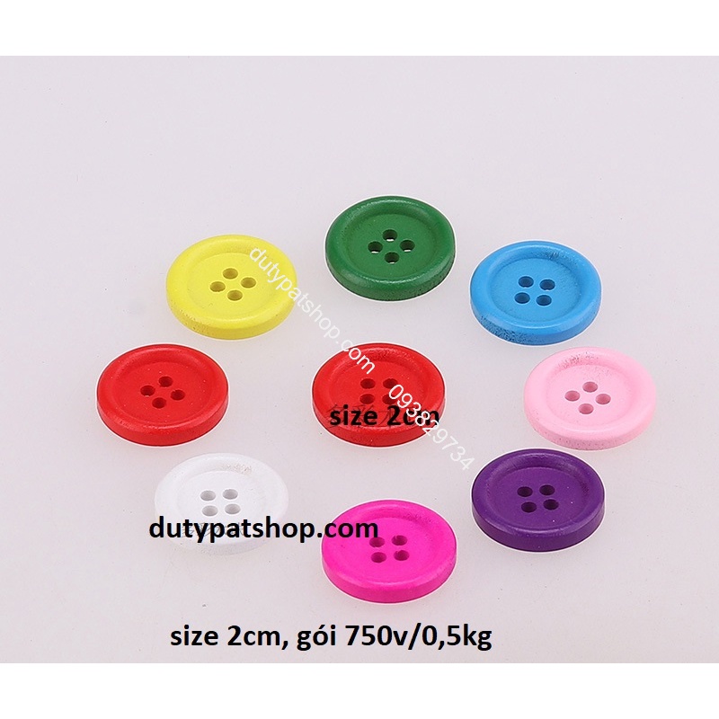 20-100 nút gỗ 4 lỗ nhiều màu nhiều size 1.2cm, 1.5cm, 2cm, 2.5cm, 3cm