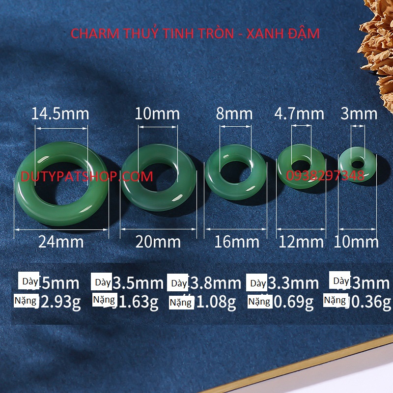 10 cái Charm thuỷ tinh tròn nhiều size 10mm, 12mm, 16mm, 20mm, 24mmm