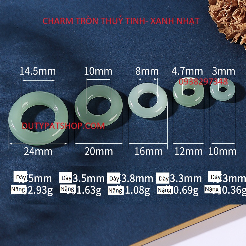10 cái Charm thuỷ tinh tròn nhiều size 10mm, 12mm, 16mm, 20mm, 24mmm