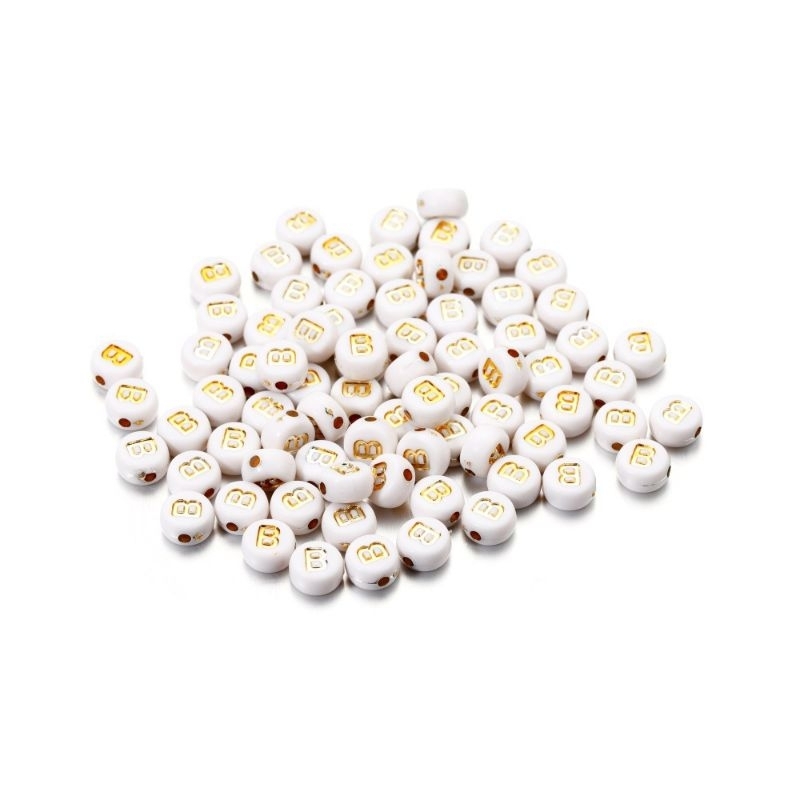 (chọn chữ) 50- 100 chữ nền trắng chữ vàng gold 4x7mm CÓ LỖ XỎ làm vòng hạt