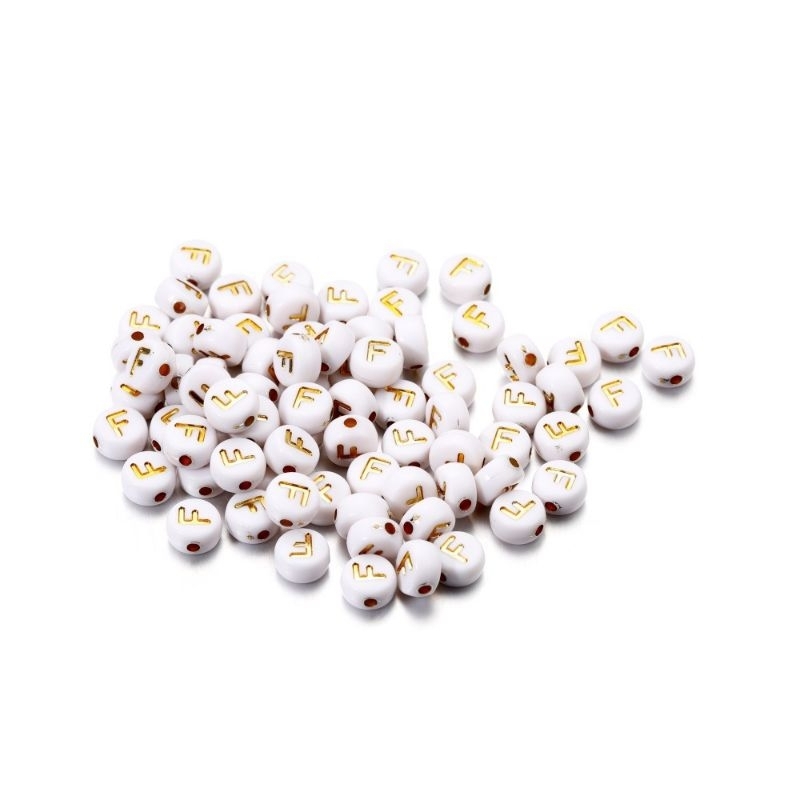(chọn chữ) 50- 100 chữ nền trắng chữ vàng gold 4x7mm CÓ LỖ XỎ làm vòng hạt