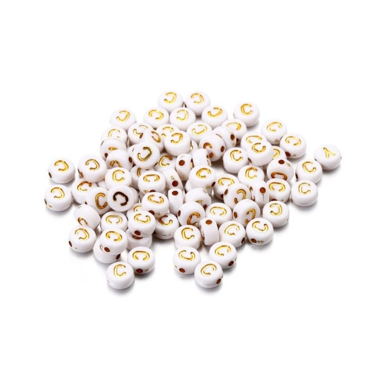(chọn chữ) 50- 100 chữ nền trắng chữ vàng gold 4x7mm CÓ LỖ XỎ làm vòng hạt