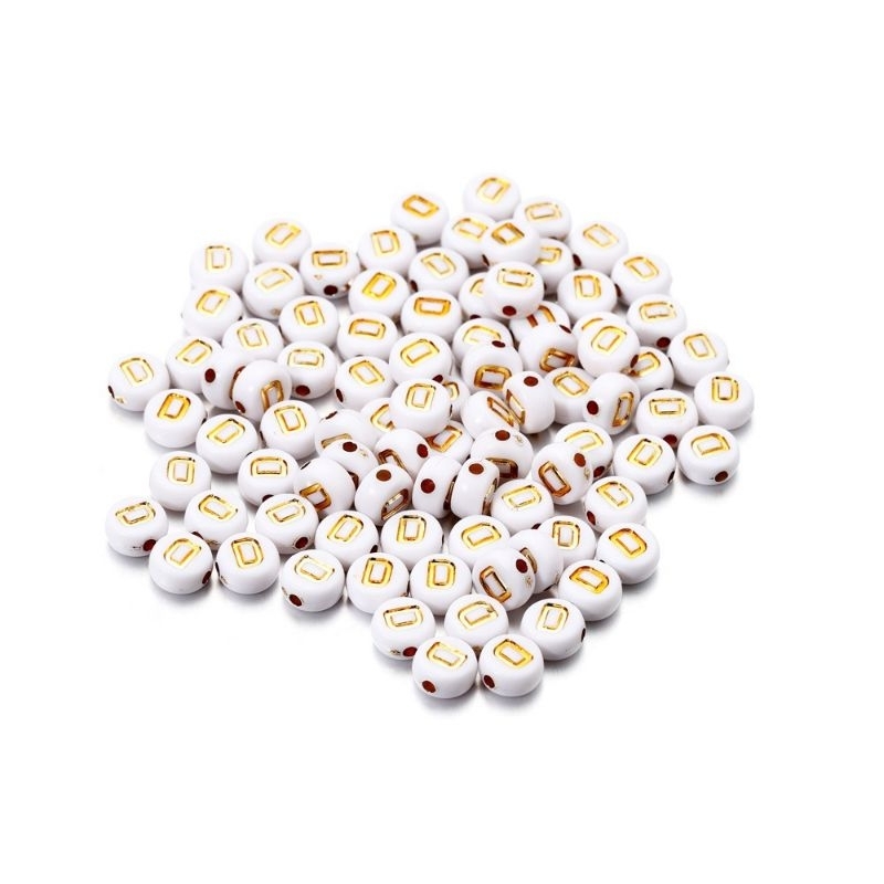 (chọn chữ) 50- 100 chữ nền trắng chữ vàng gold 4x7mm CÓ LỖ XỎ làm vòng hạt