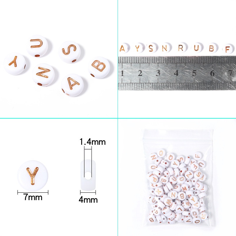 (chọn chữ) 50- 100 chữ nền trắng chữ vàng gold 4x7mm CÓ LỖ XỎ làm vòng hạt
