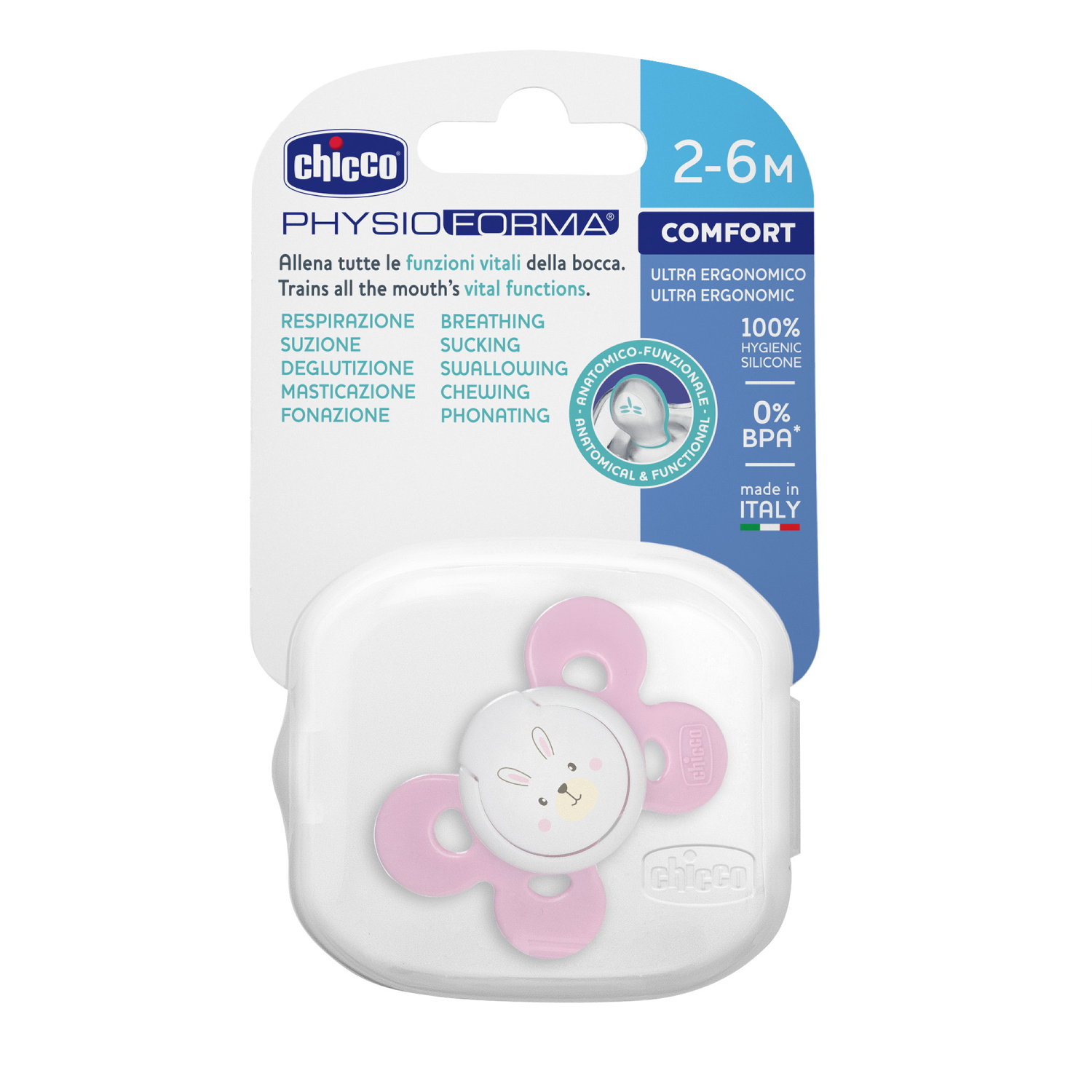 Ty ngậm silicone Chicco Physio Comfort màu hồng 2-6M