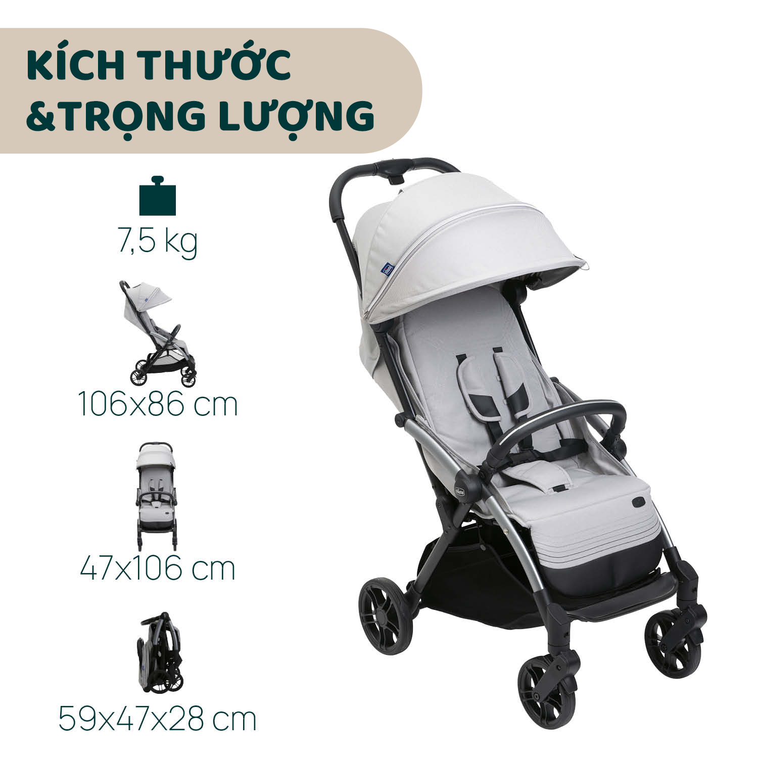 Xe đẩy gấp gọn tự động Chicco Goody Xplus - Màu Xám ngọc trai