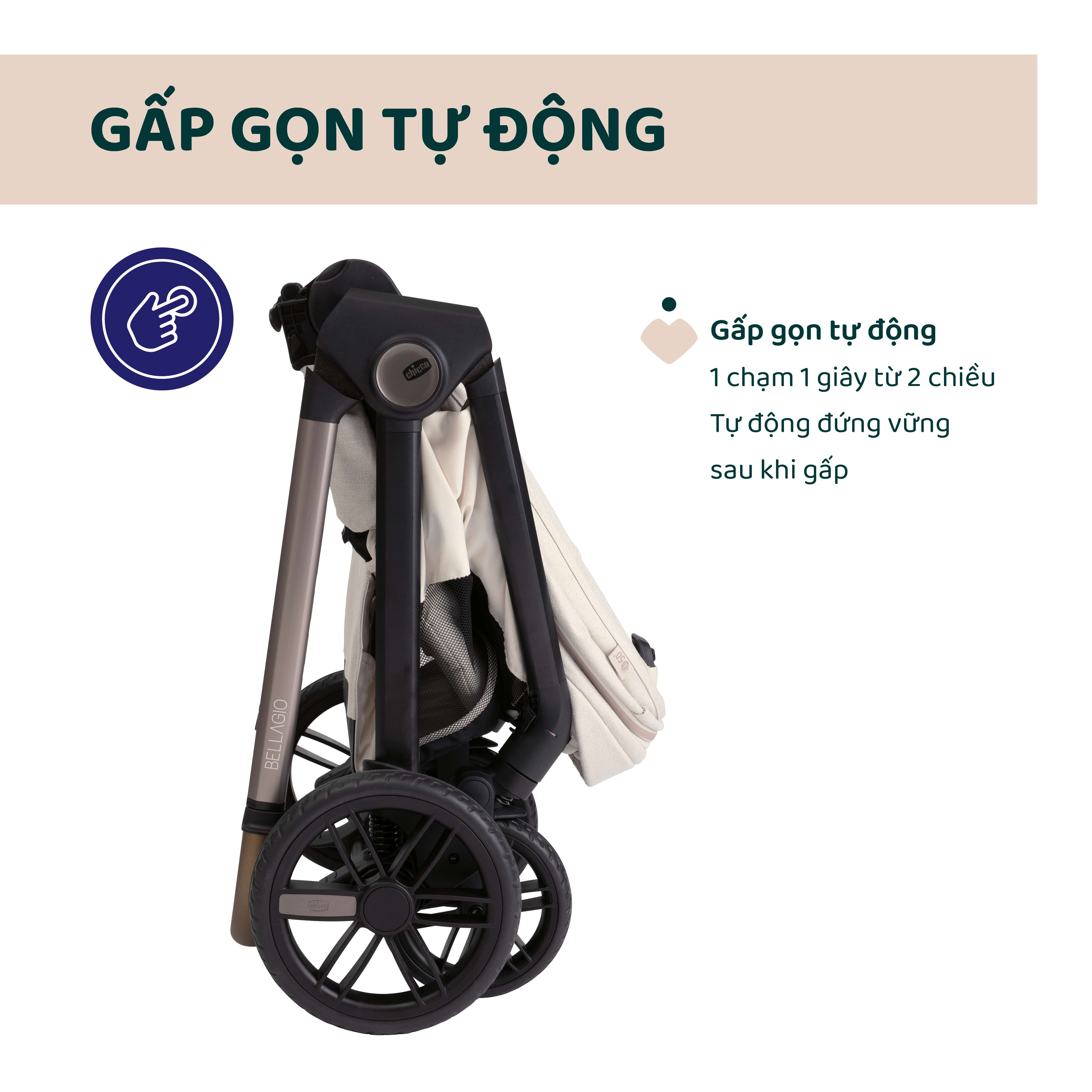 Xe đẩy 2 chiều gấp gọn tự động Bellagio - Màu be ánh kim