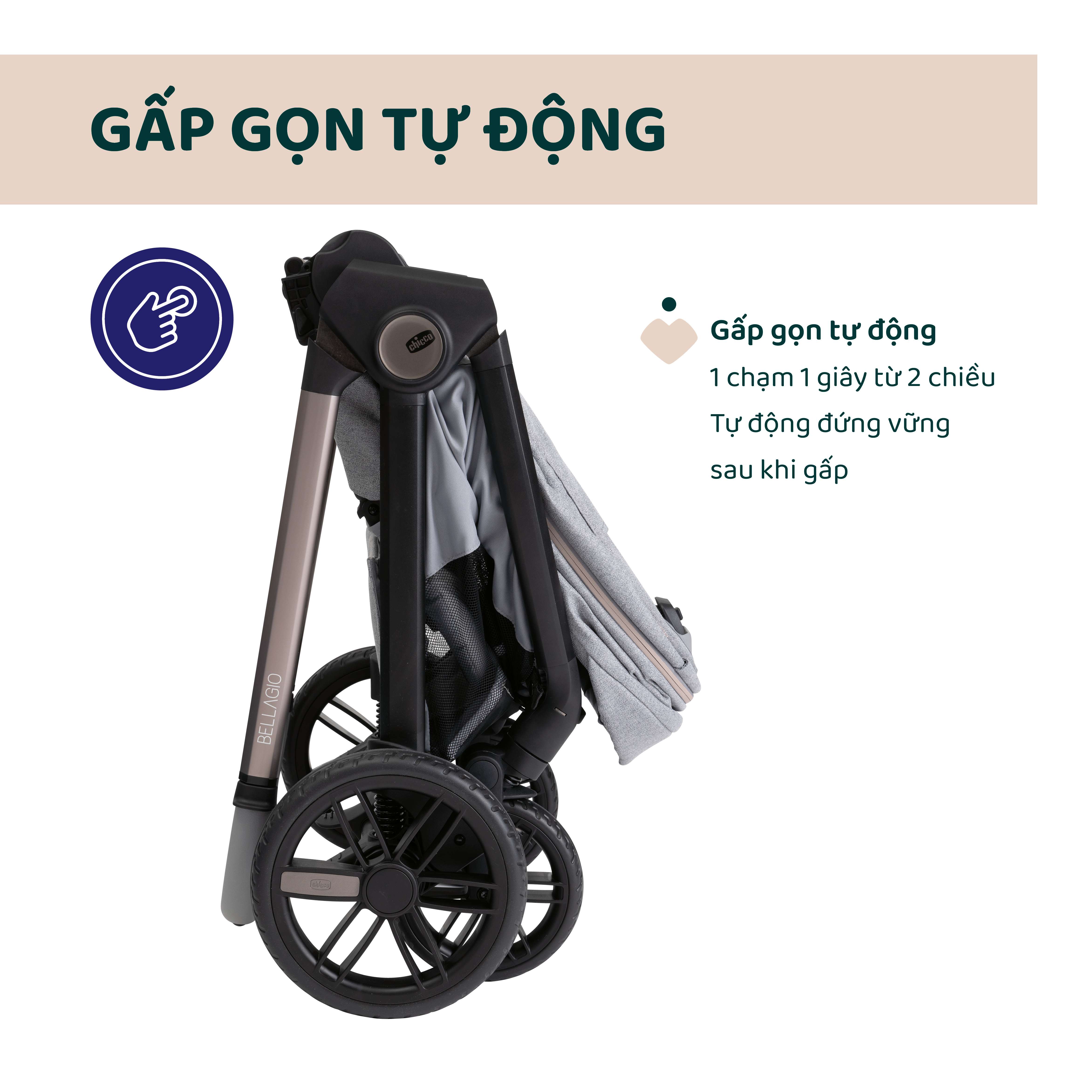 Xe đẩy 2 chiều gấp gọn tự động Bellagio - Màu ghi đá