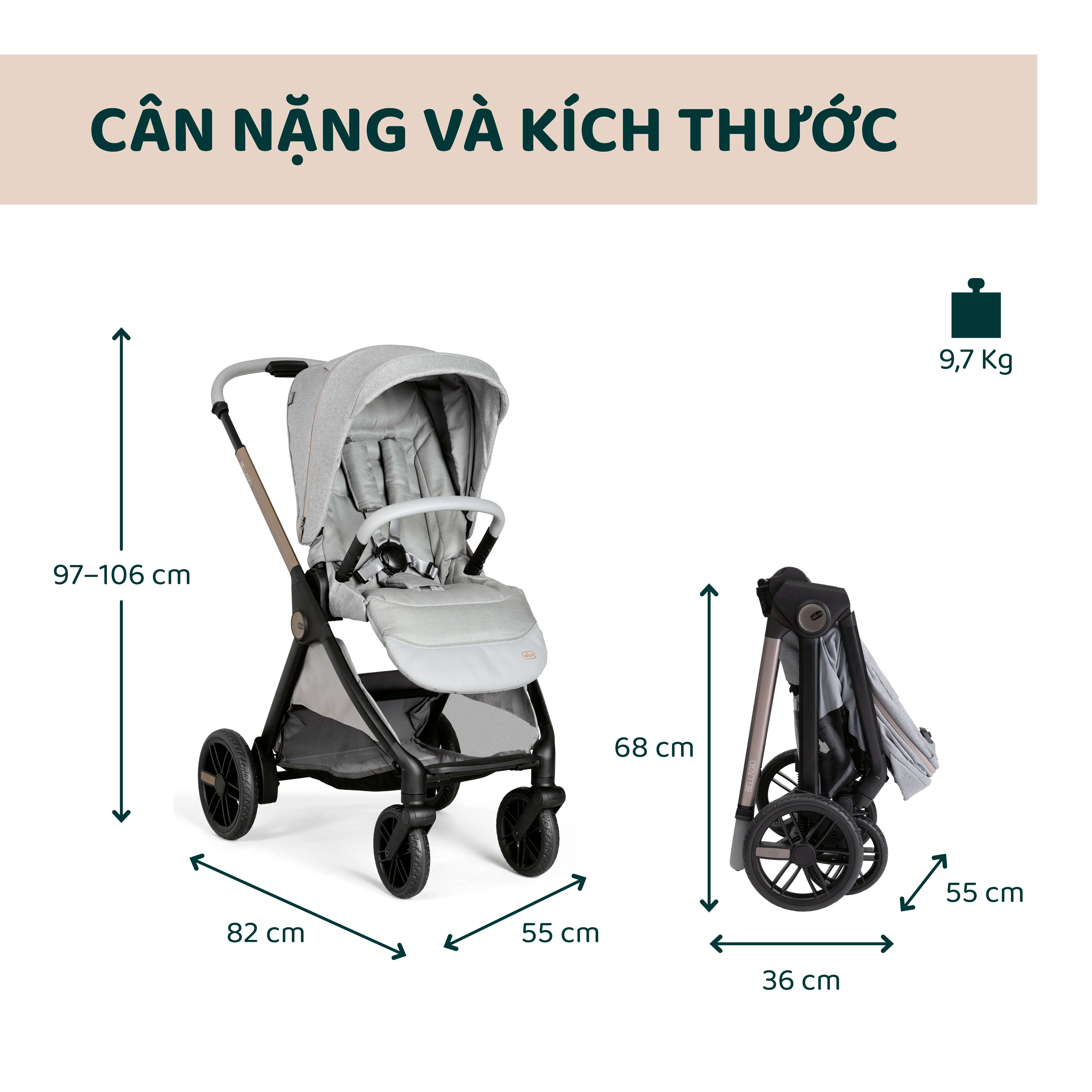 Xe đẩy 2 chiều gấp gọn tự động Bellagio - Màu ghi đá