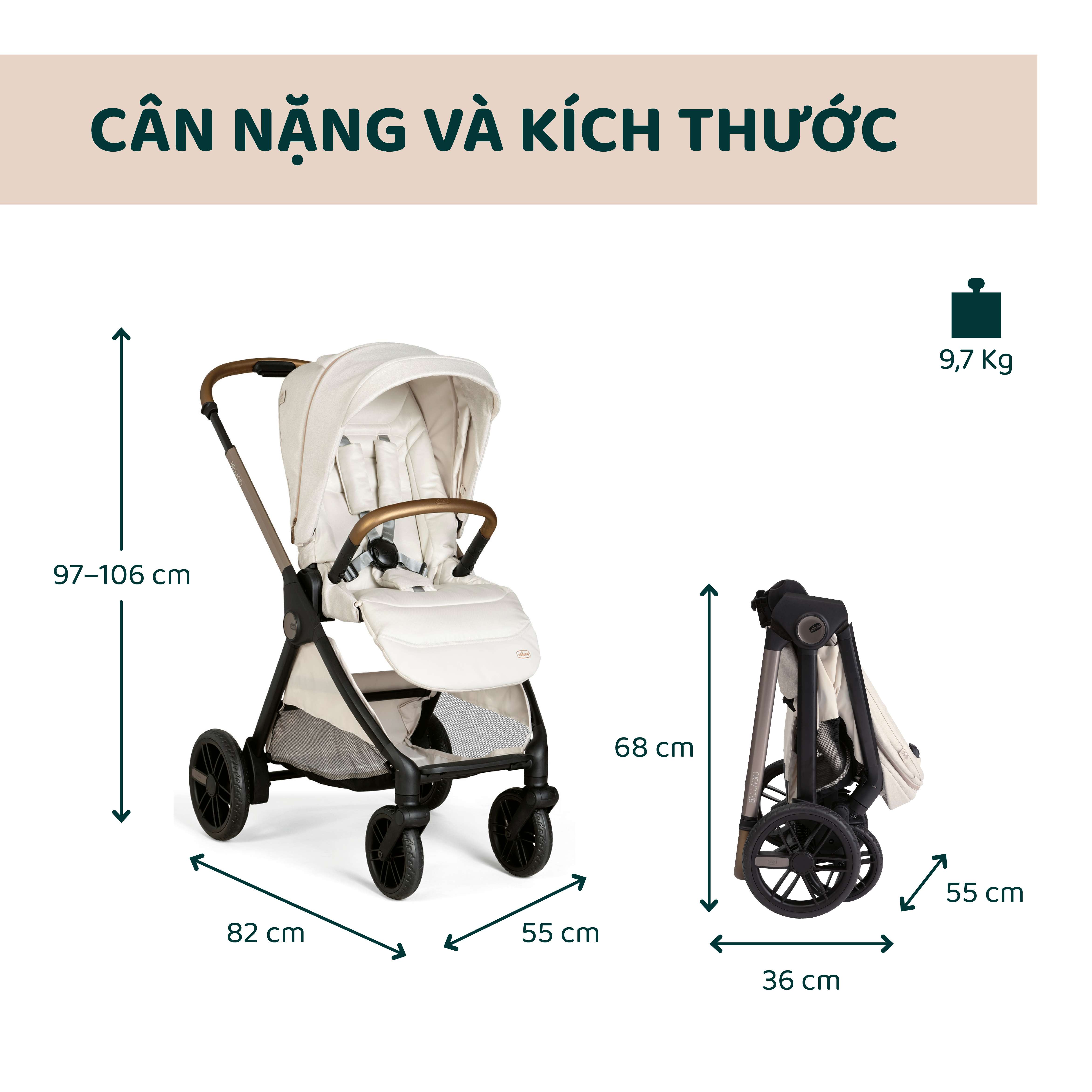 Xe đẩy 2 chiều gấp gọn tự động Bellagio - Màu be ánh kim