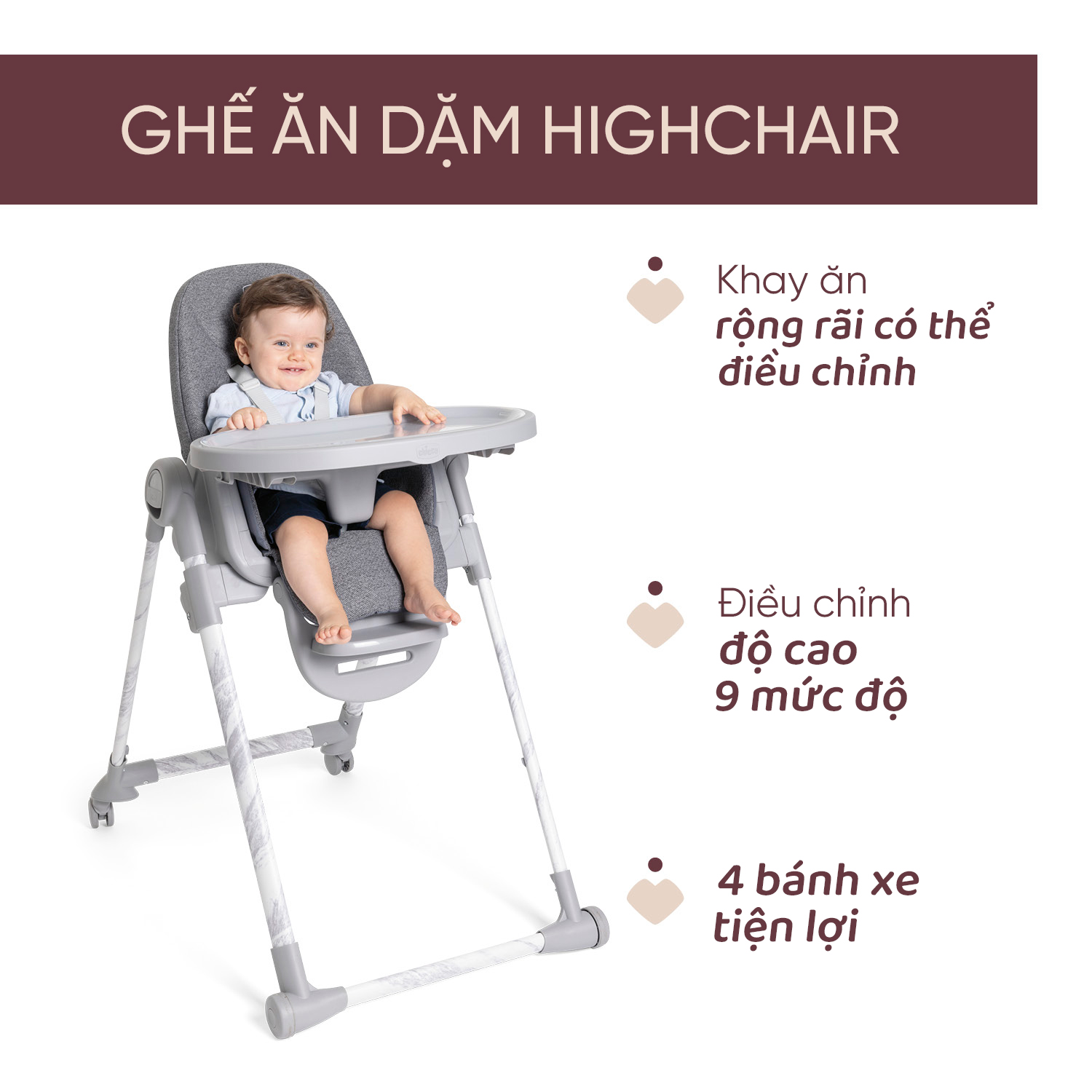 Ghế ăn đa năng 3 trong 1 Chicco Polly Armonia - Màu ghi đá