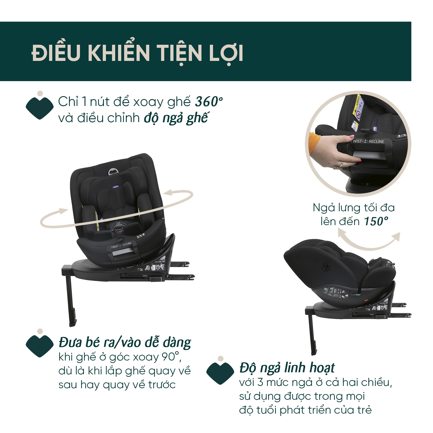 Ghế ô tô Chicco EverOne xoay 360˚ ISOFIX - Màu đen