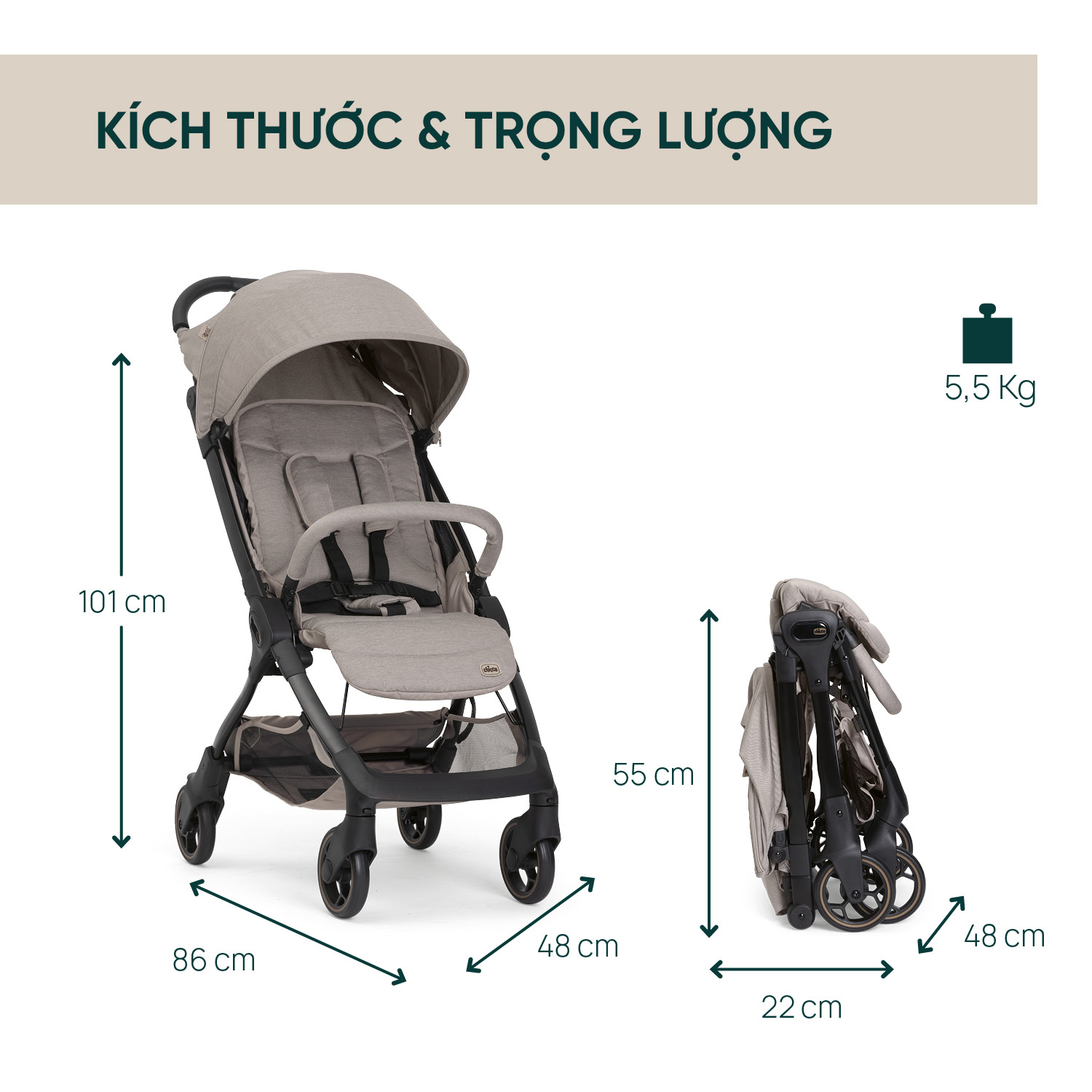 Xe đẩy du lịch Chicco Aero We - Màu ghi yến mạch