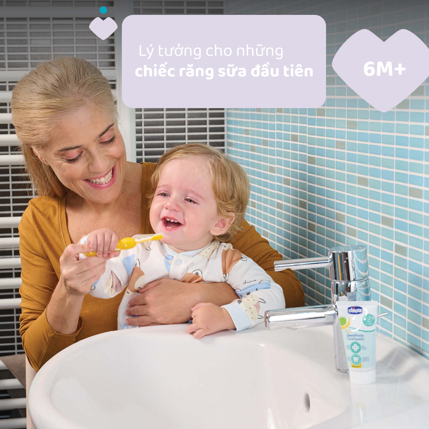 Bộ đôi bàn chải đánh răng Chicco 6-36M (Vàng - Tím hồng)