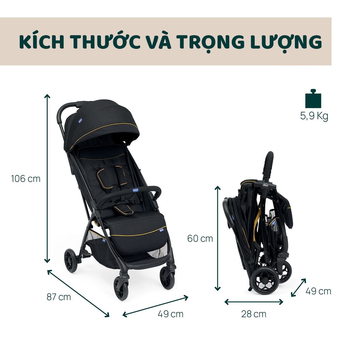 Xe đẩy gấp gọn Chicco Glee - Màu Đen trơn