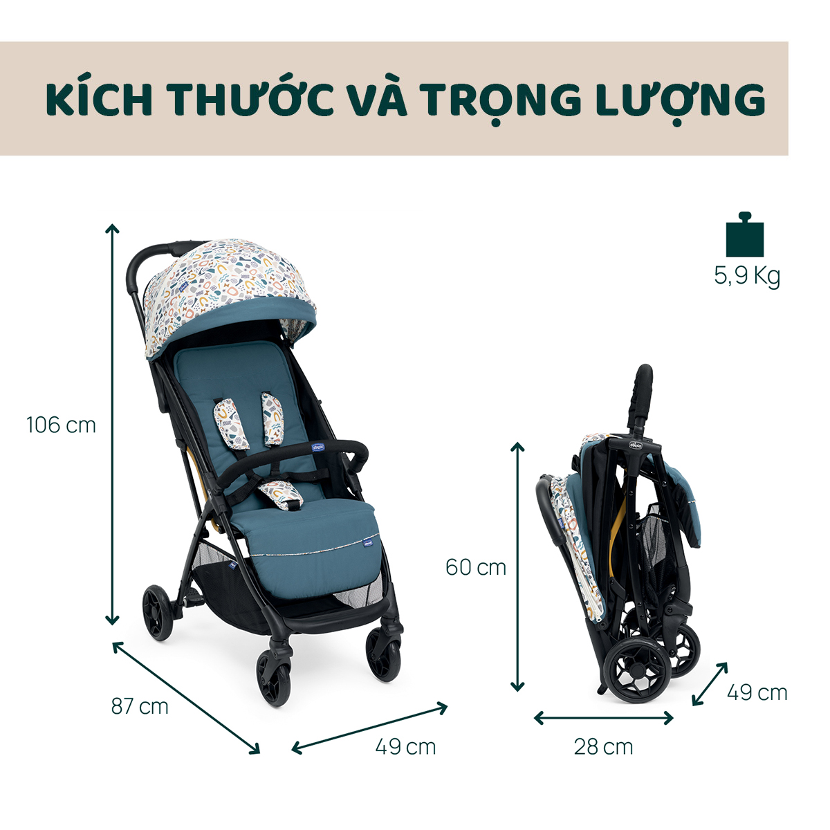 Xe đẩy gấp gọn Chicco Glee - Màu Xanh họa tiết