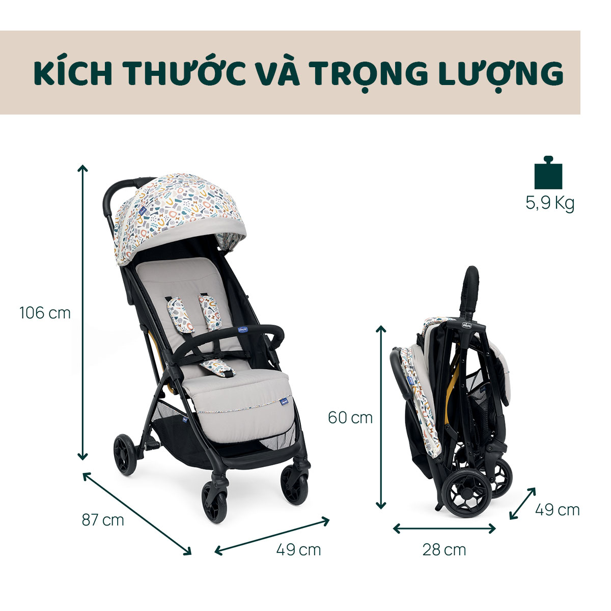 Xe đẩy gấp gọn Chicco Glee màu Joking Beige