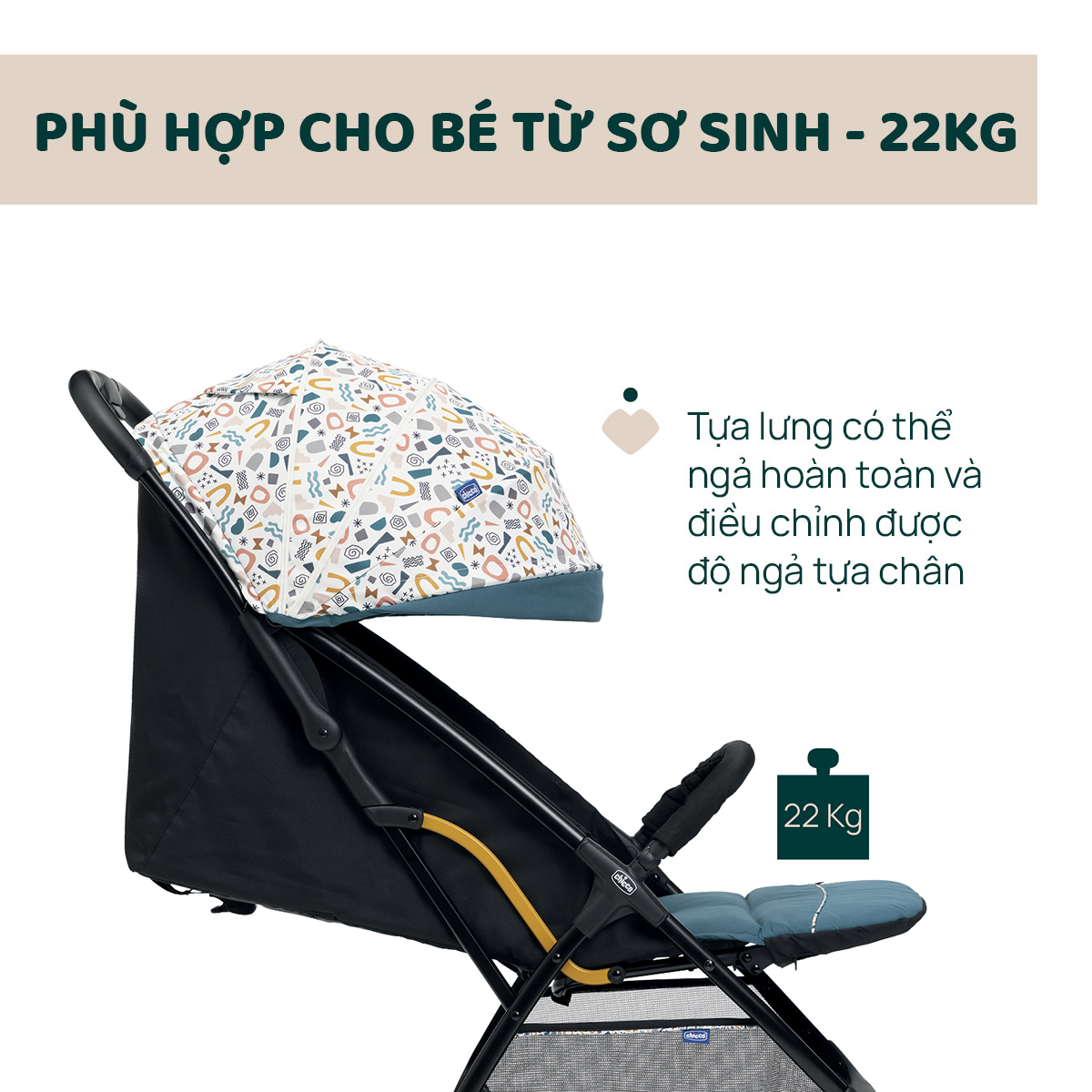 Xe đẩy gấp gọn Chicco Glee - Màu Xanh họa tiết