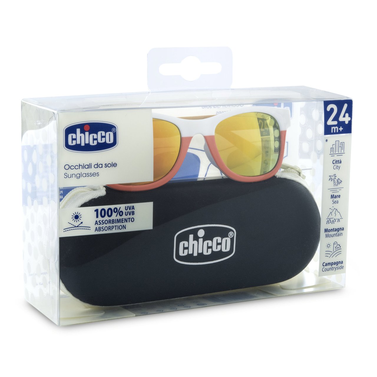 Kính mát chống tia UV tráng gương Chicco màu đỏ cam 24M+