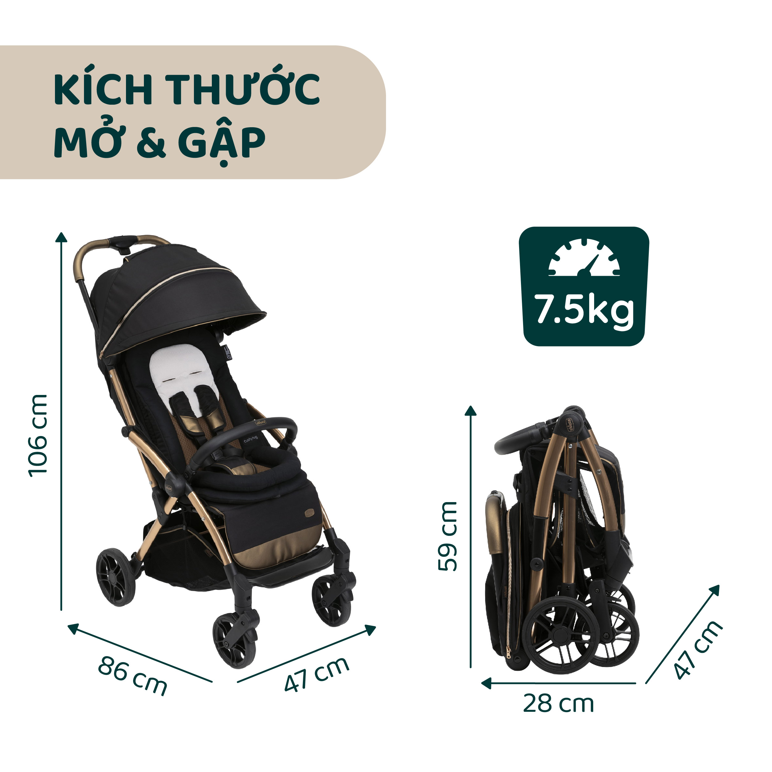 Xe đẩy gấp gọn tự động Chicco Goody Primo màu Đồng ánh kim