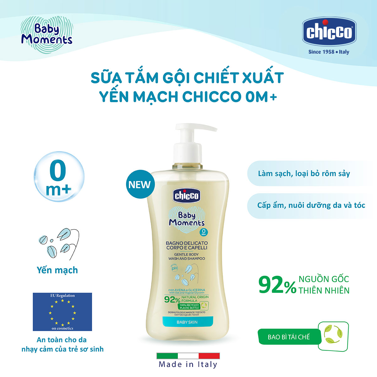 Sữa tắm gội chiết xuất Yến mạch Chicco 0M+ 500ml