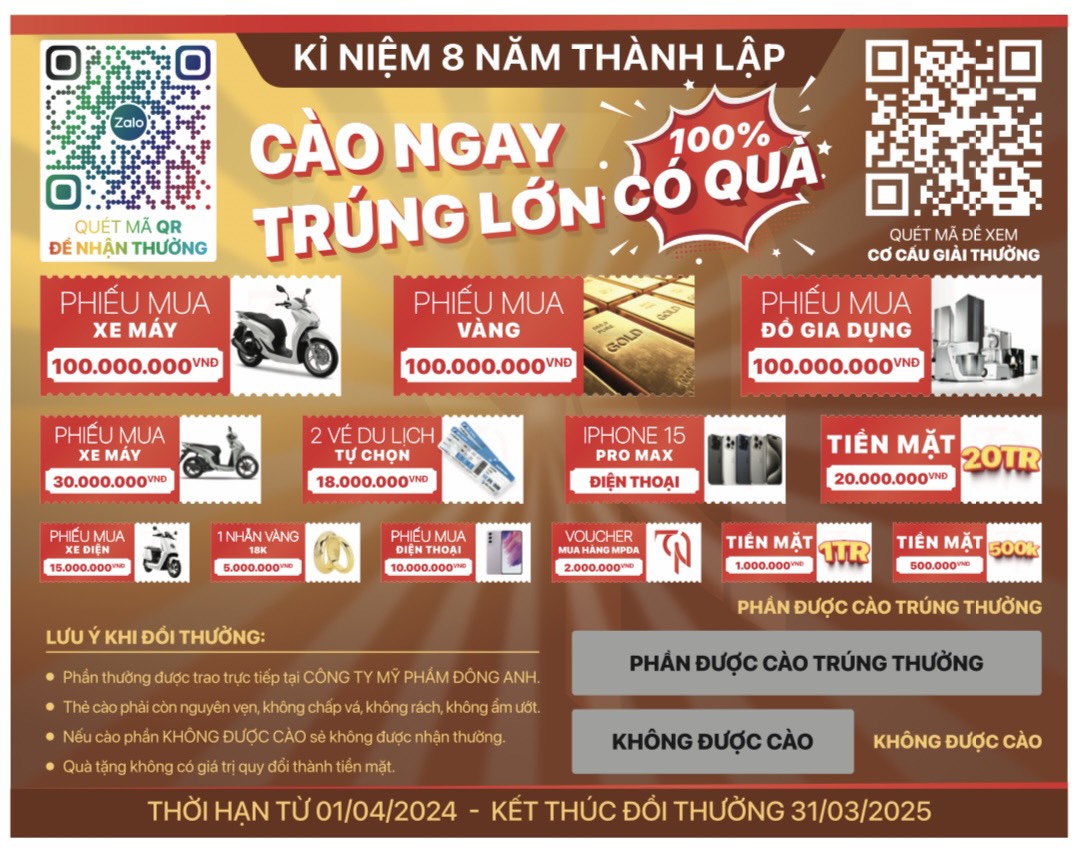 CHƯƠNG TRÌNH KHUYẾN MÃI KỶ NIỆM 08 NĂM THÀNH LẬP CÔNG TY MỸ PHẨM ĐÔNG ANH