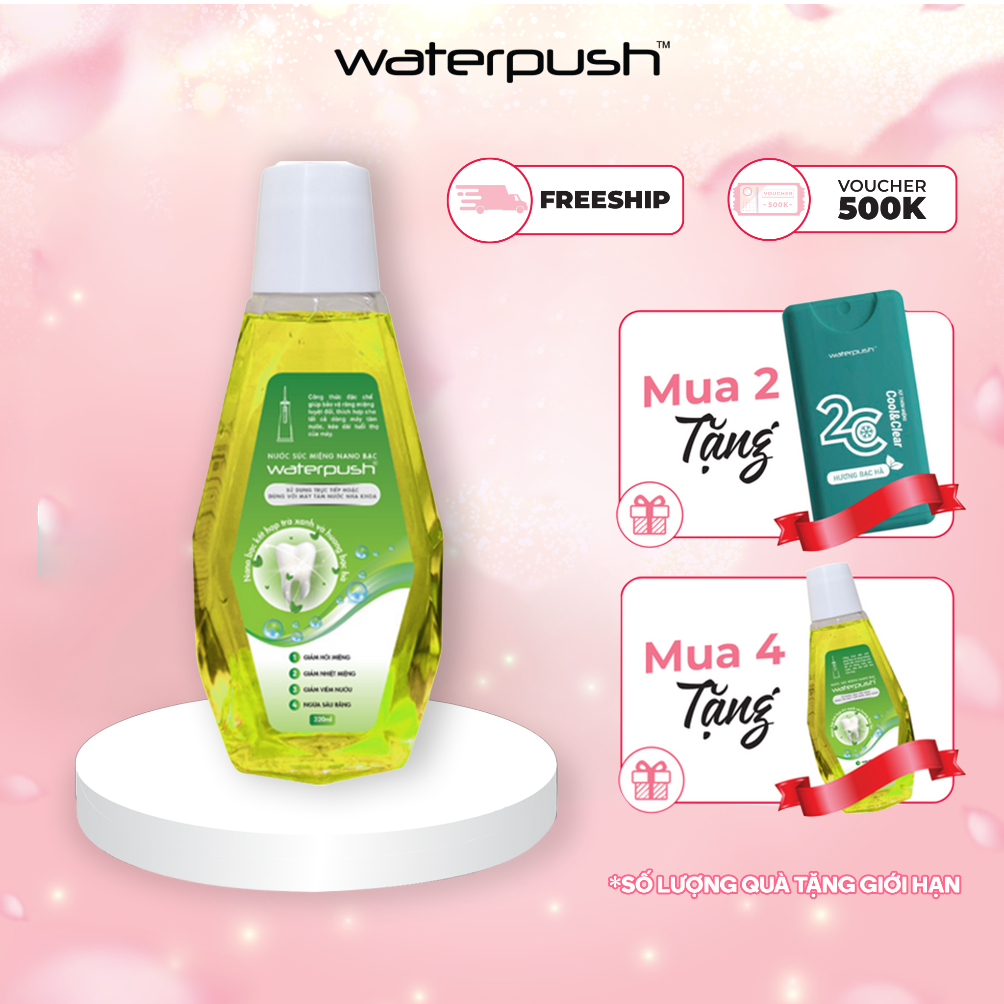 [DÙNG ĐƯỢC CHO MÁY TĂM NƯỚC] Nước súc miệng Nano Bạc WaterPush Chai 320ml giúp thơm miệng, trắng răng, giảm nhiệt miệng, sâu răng