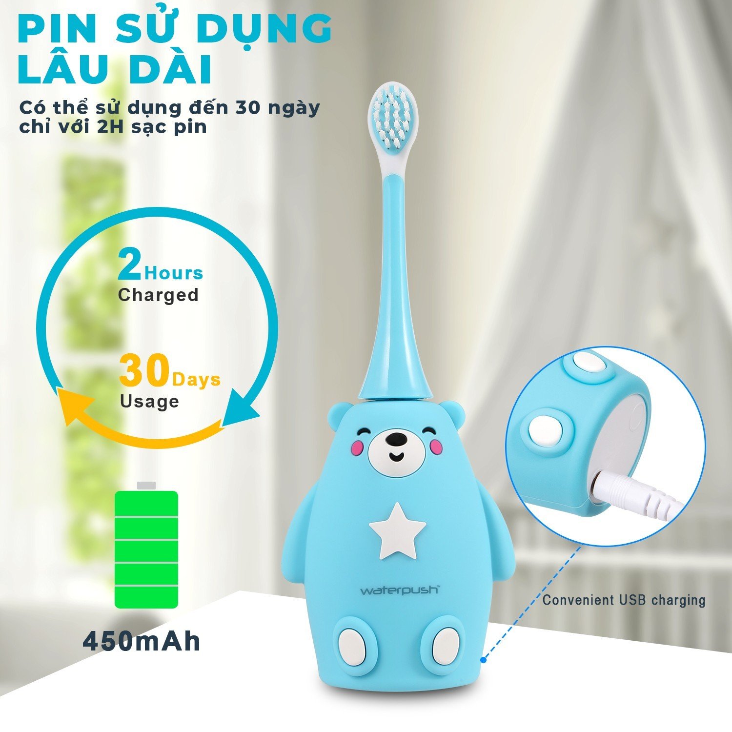 Bàn chải điện trẻ em cao cấp WaterPush, bàn chải đánh răng đầu chữ U siêu mềm và đầu bàn chải siêu mảnh giúp bé làm sạch