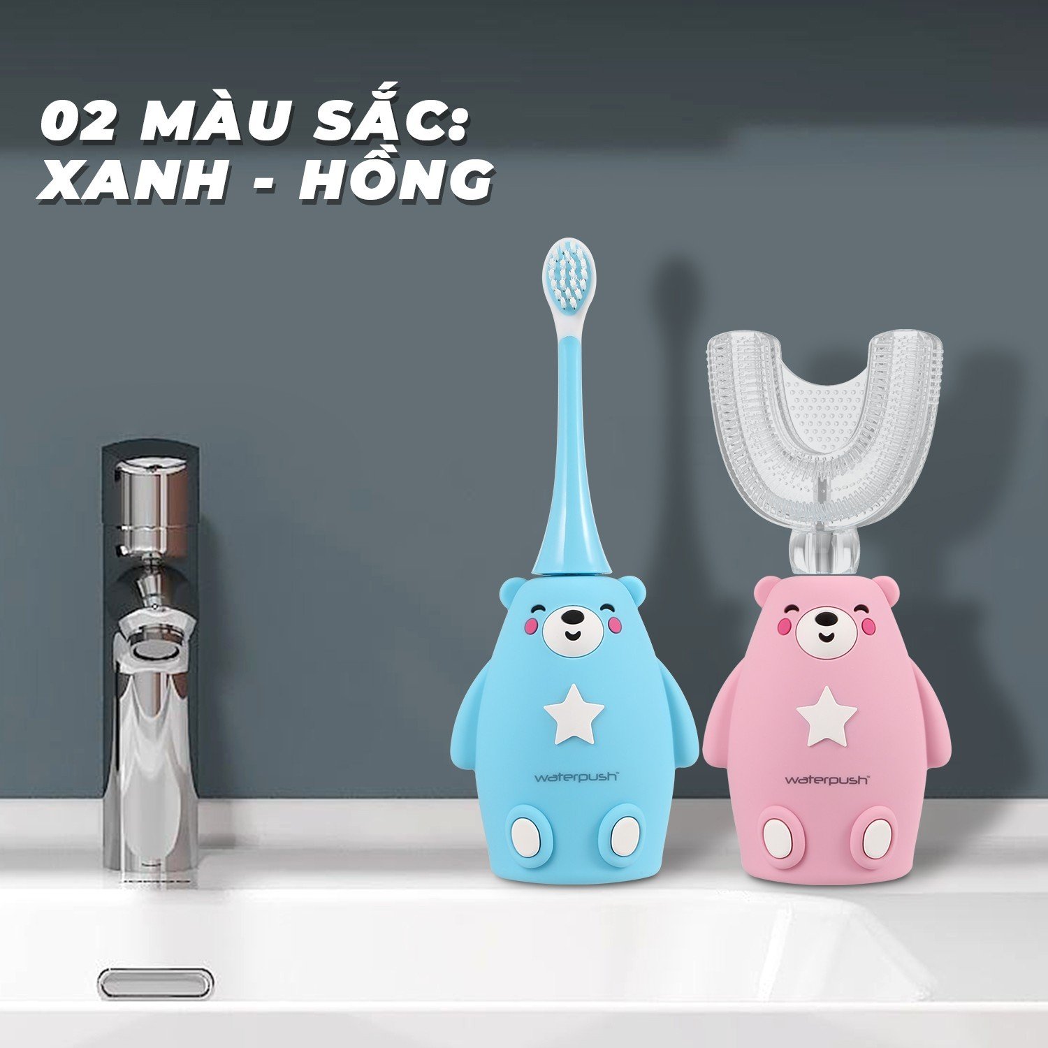 Bàn chải điện trẻ em cao cấp WaterPush, bàn chải đánh răng đầu chữ U siêu mềm và đầu bàn chải siêu mảnh giúp bé làm sạch