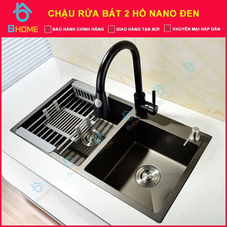 Chậu rửa bát 2 hố Nano đen kèm vòi rút