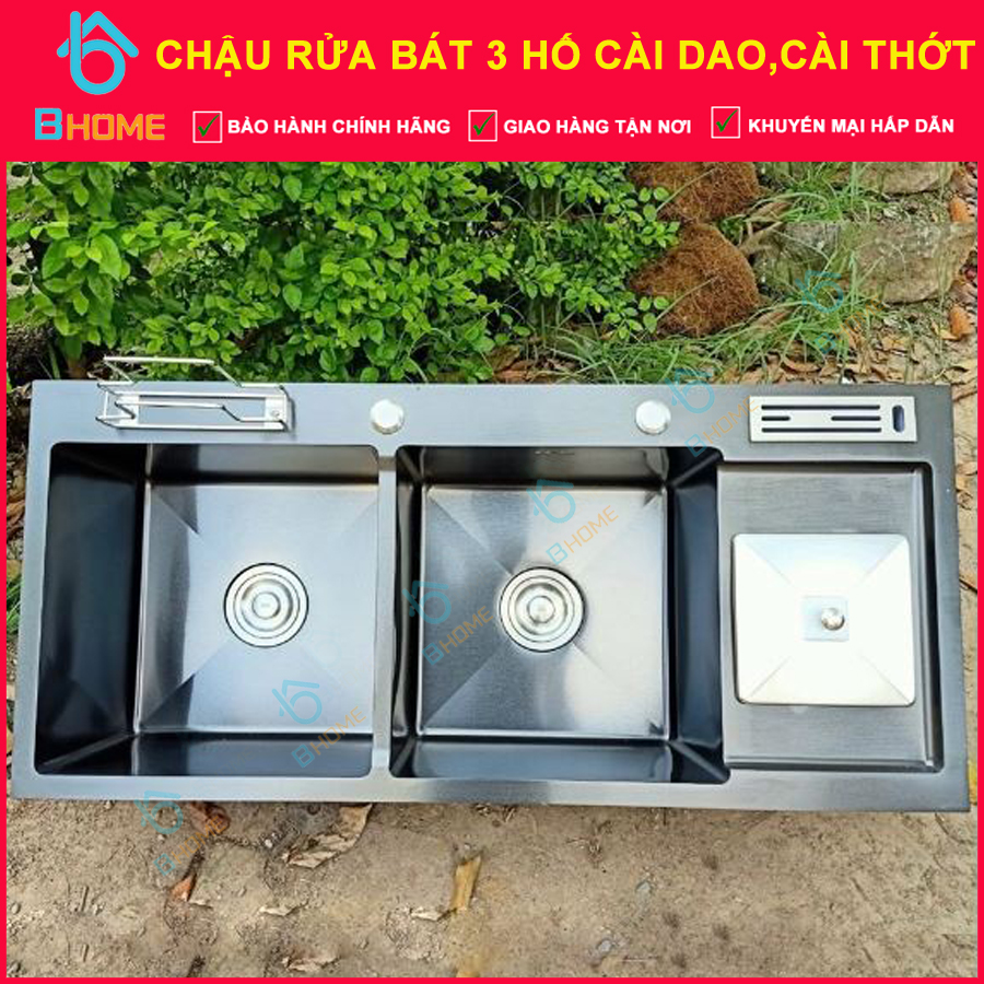 Chậu rửa bát 3 hố nano có cài dao cài thớt
