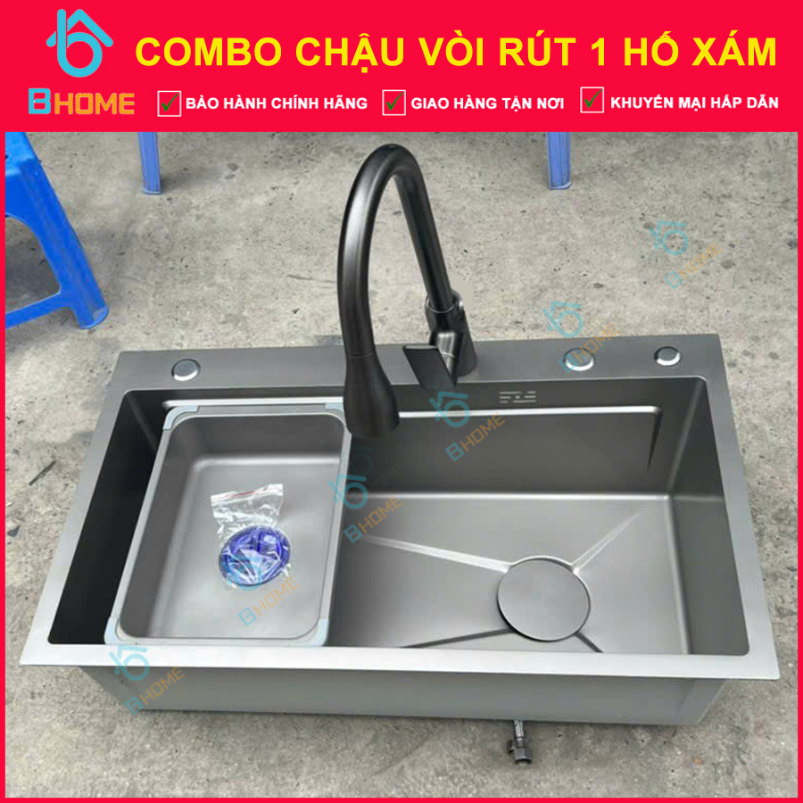 Chậu rửa bát 1 hố Nano đen kèm vòi rút nano
