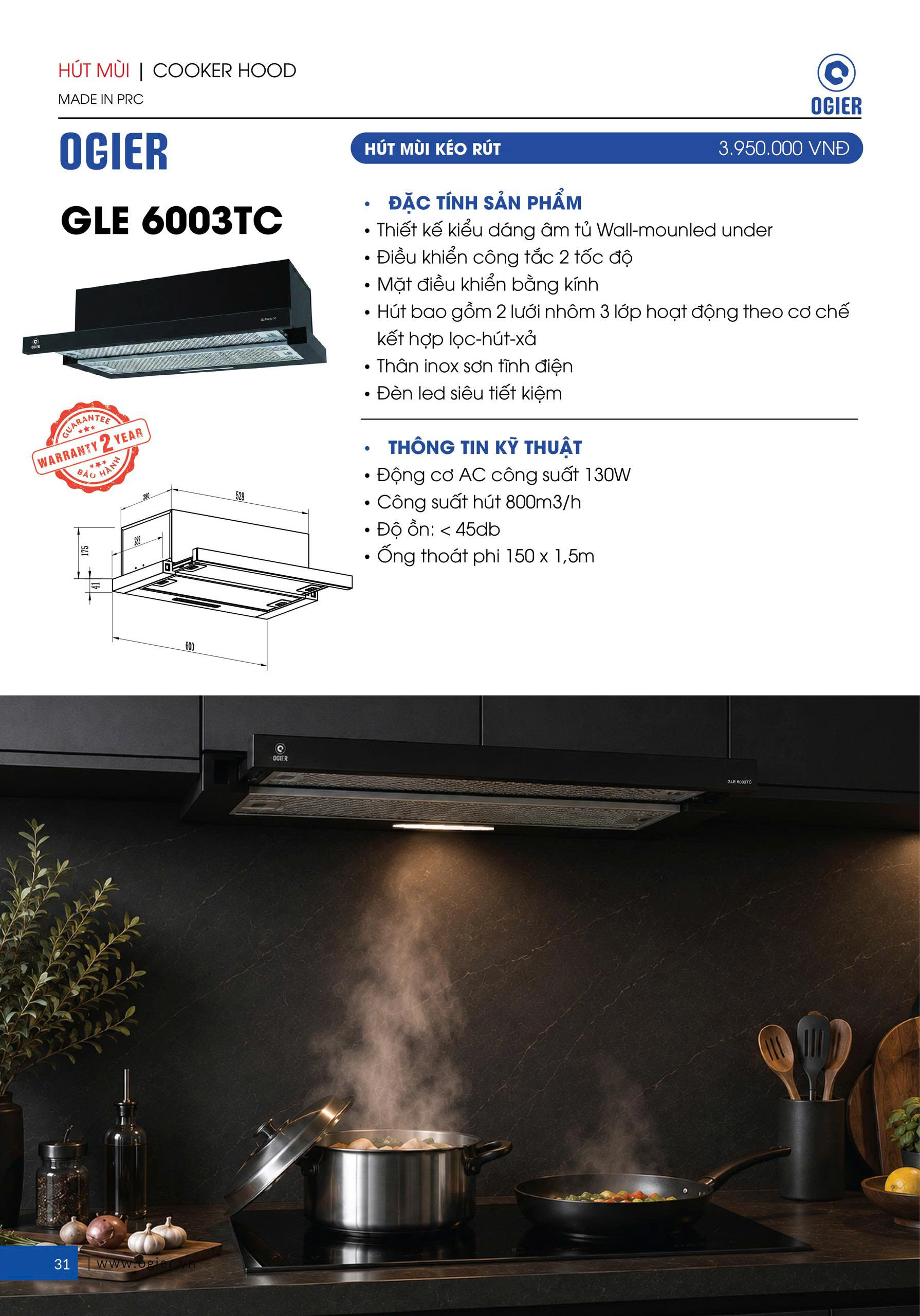 Thông số và không gian lắp đặt Ogier GLE 6003TC