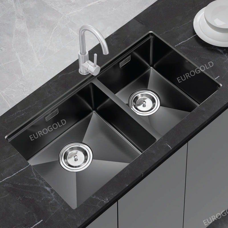 Chậu Rửa Bát Âm 2 Hố Lệch Chống Xước INOX 304 Phủ PVD Màu Đen EUC28845GD Eurogold