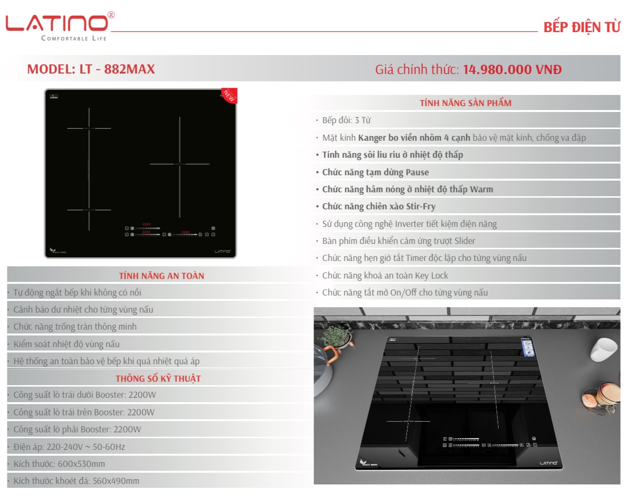 Bếp 3 từ Latino LT 882MAX | 3 vùng nấu |Bảo hành chính hãng 3 năm tại nhà