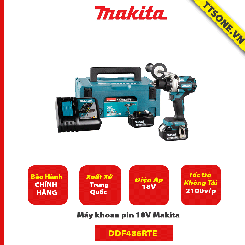 Máy khoan pin 18V Makita DDF486RTE - Chính Hãng