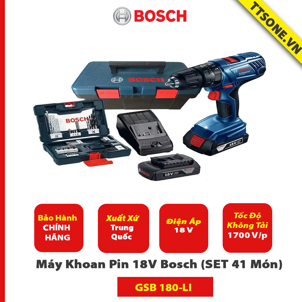 Máy Khoan Pin 18V Bosch GSB 180-LI (Hộp công cụ + SET 41 Món) - Chính Hãng