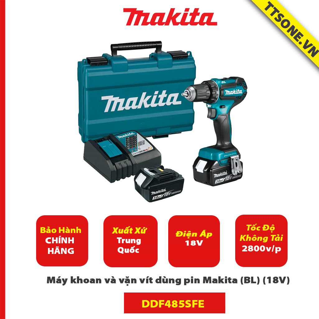 Máy khoan và vặn vít dùng pin Makita DDF485SFE (BL) (18V) - Chính Hãng