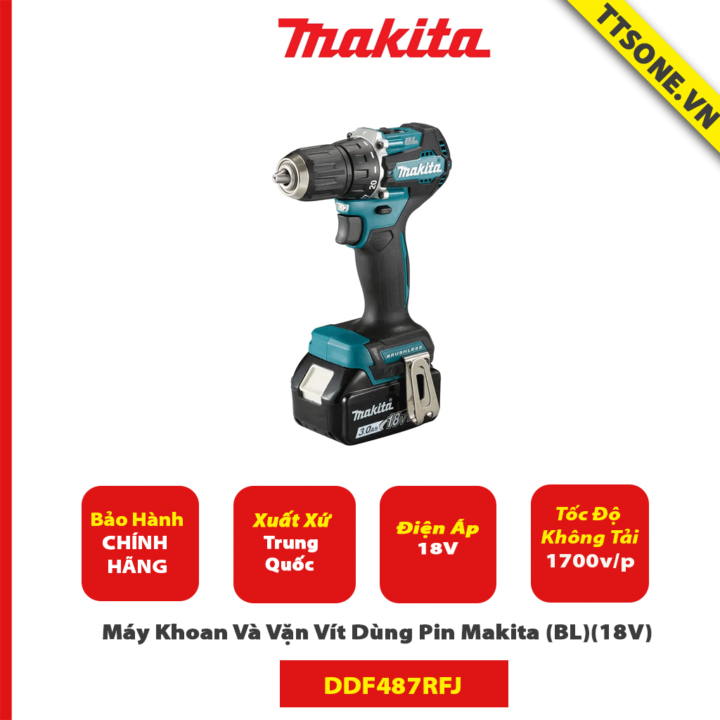 Máy Khoan Và Vặn Vít Dùng Pin Makita DDF487RFJ (BL)(18V) - Chính Hãng