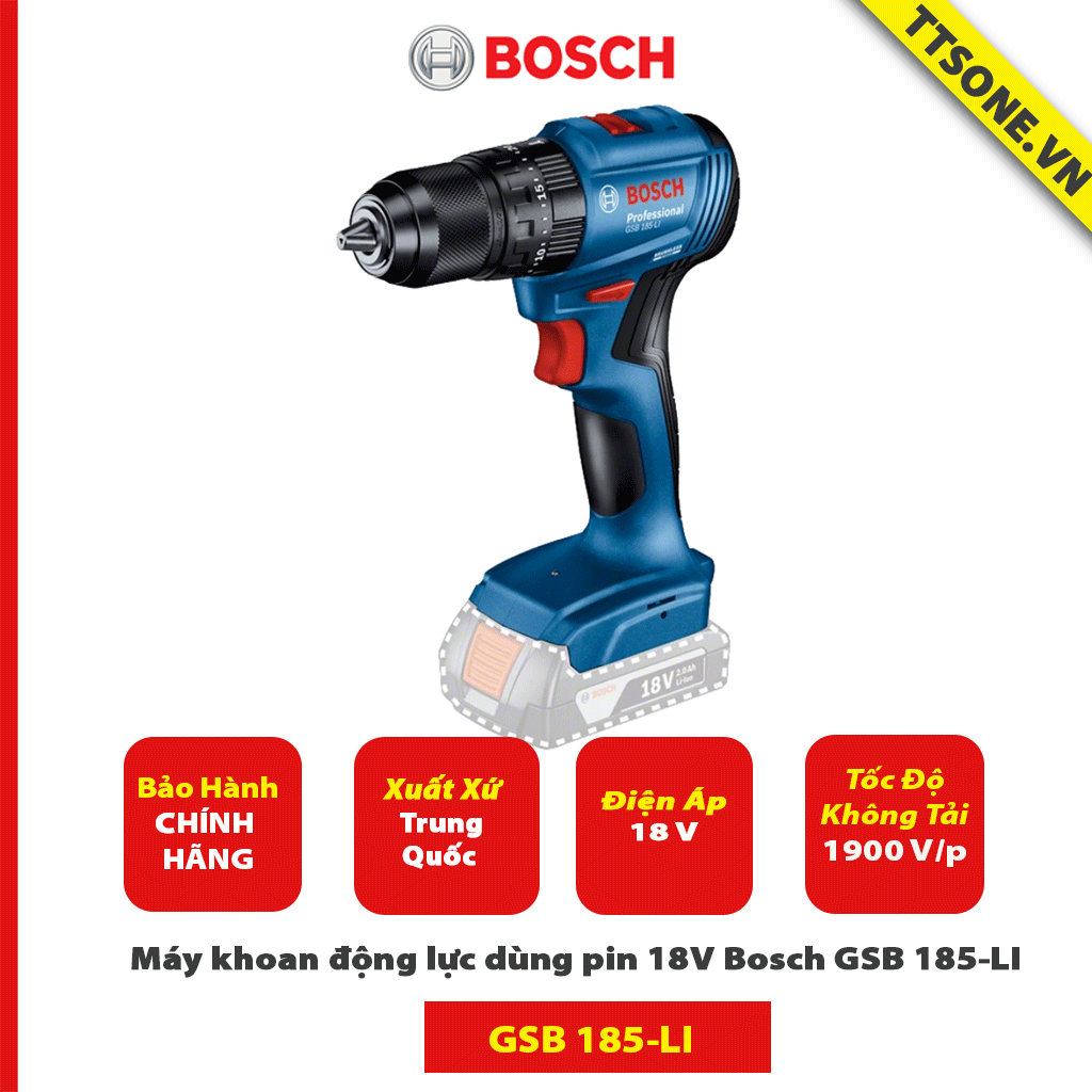 Máy khoan vặn vít pin 18V Bosch GSB 185-LI chưa gồm pin sạc - Chính Hãng