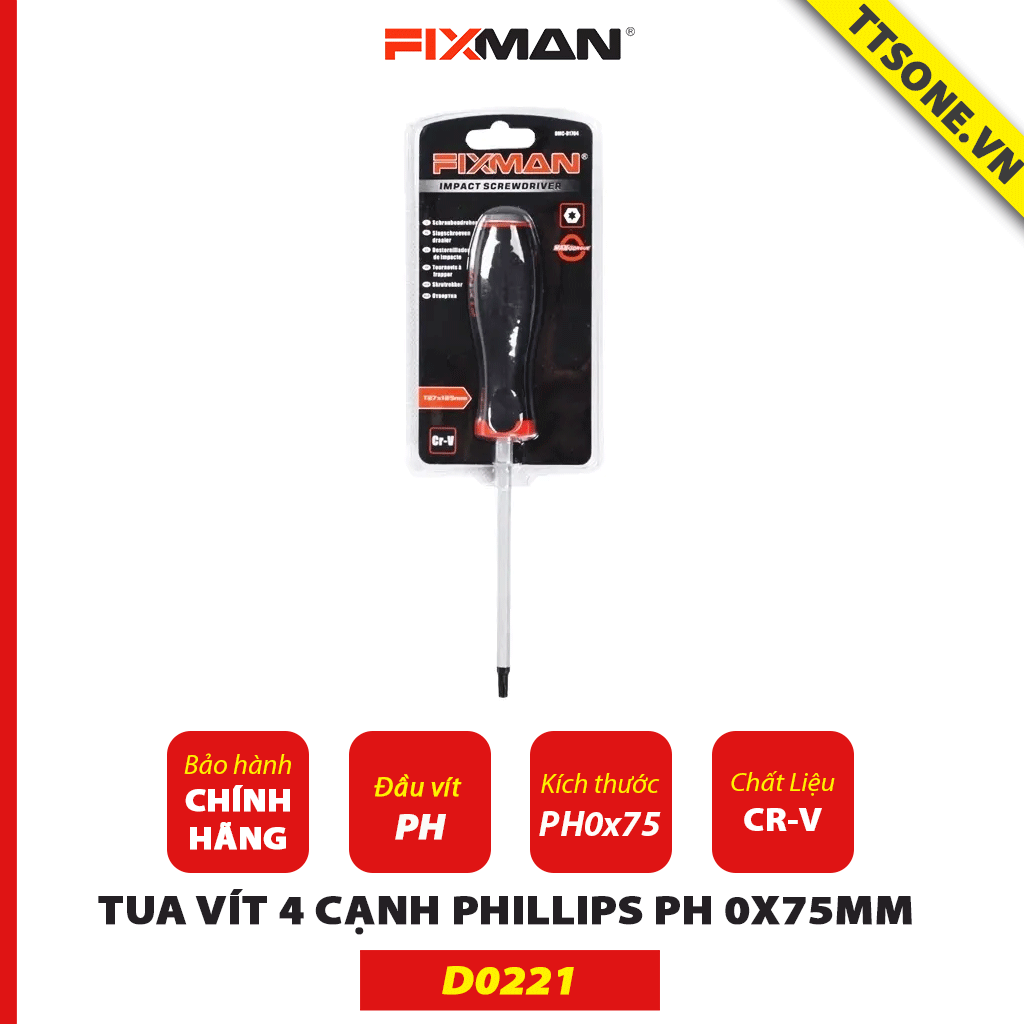 Tua Vít 4 Cạnh Phillips PH 0x75mm Fixman D0221 Chính Hãng