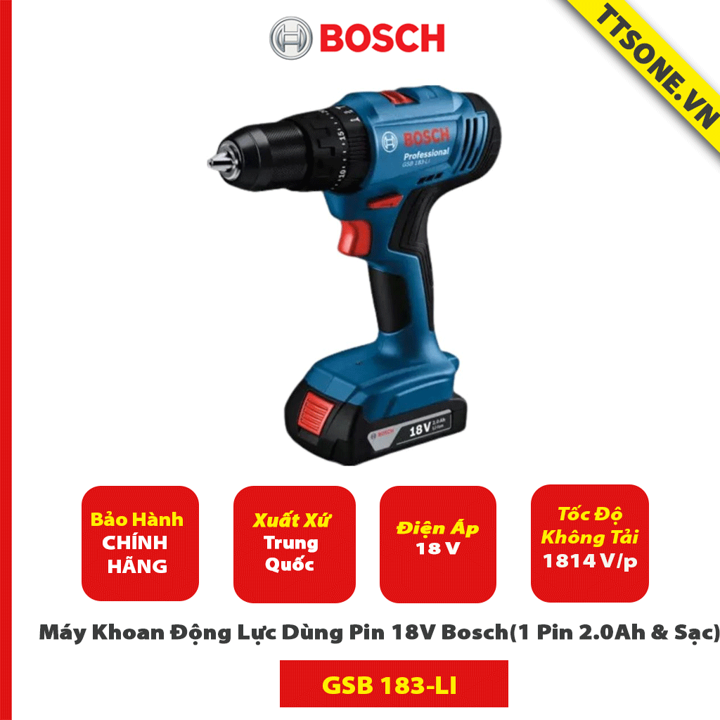 Máy Khoan Động Lực Dùng Pin 18V Bosch GSB 183-LI (1 Pin 2.0Ah & Sạc)