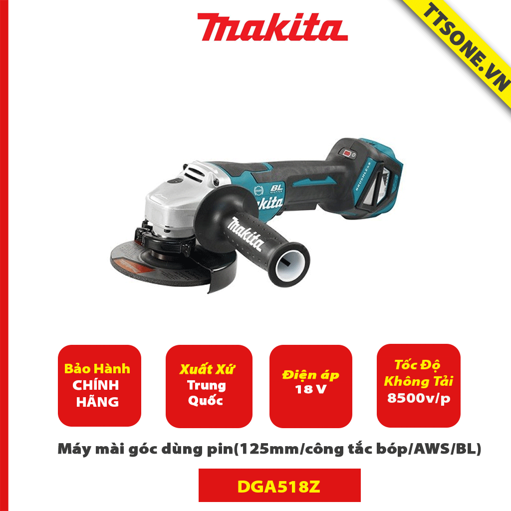 Máy mài góc dùng pin Makita DGA518Z (125mm/công tắc bóp/AWS