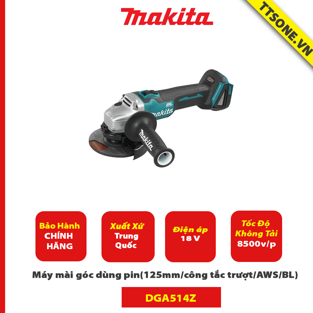 Máy mài góc dùng pin Makita DGA514Z (125mm/công tắc trượt/AWS/BL) (18V)-Chính Hãng